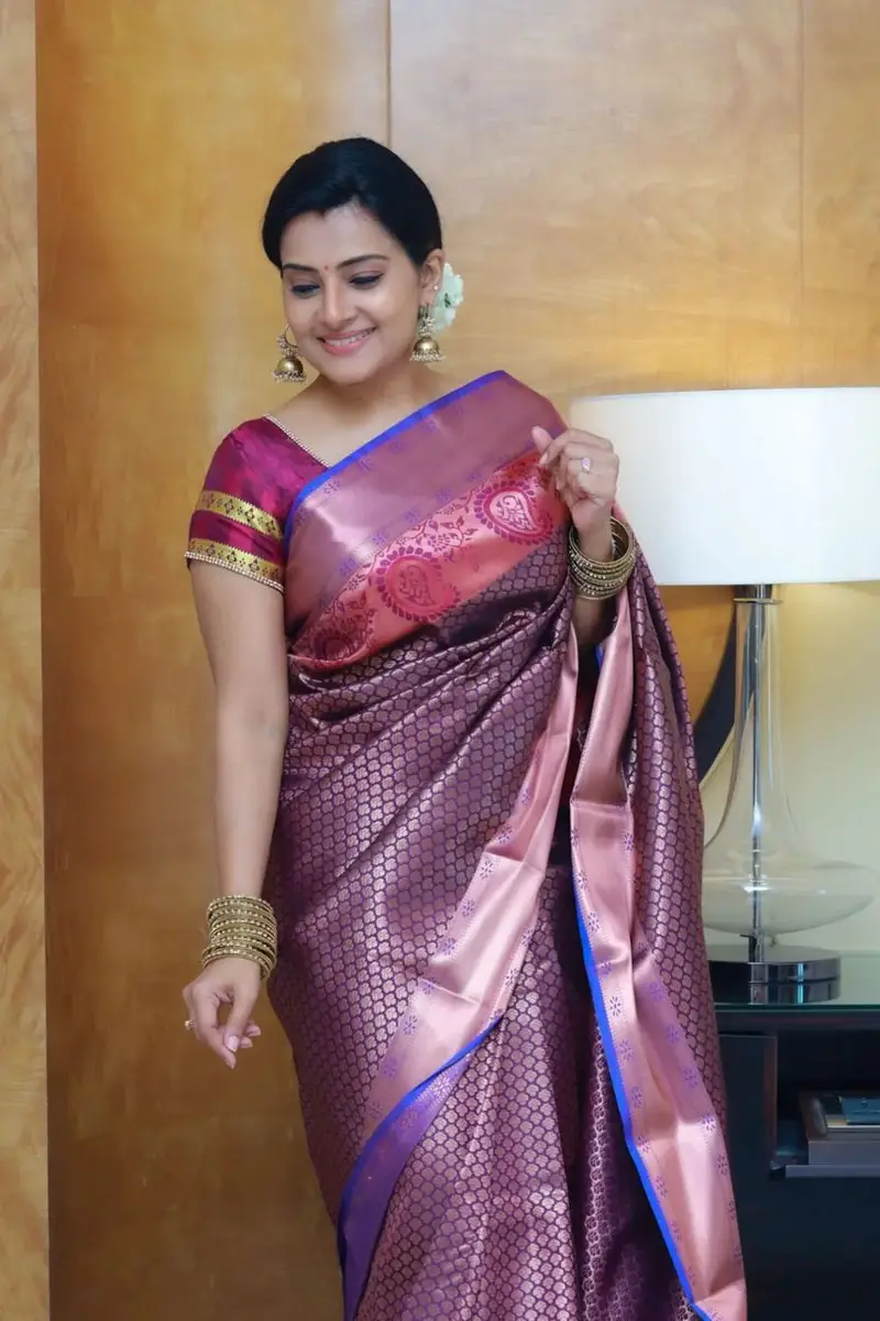 Tamil TV Actress Sruthi Raj Photos In Violet Saree Blouse